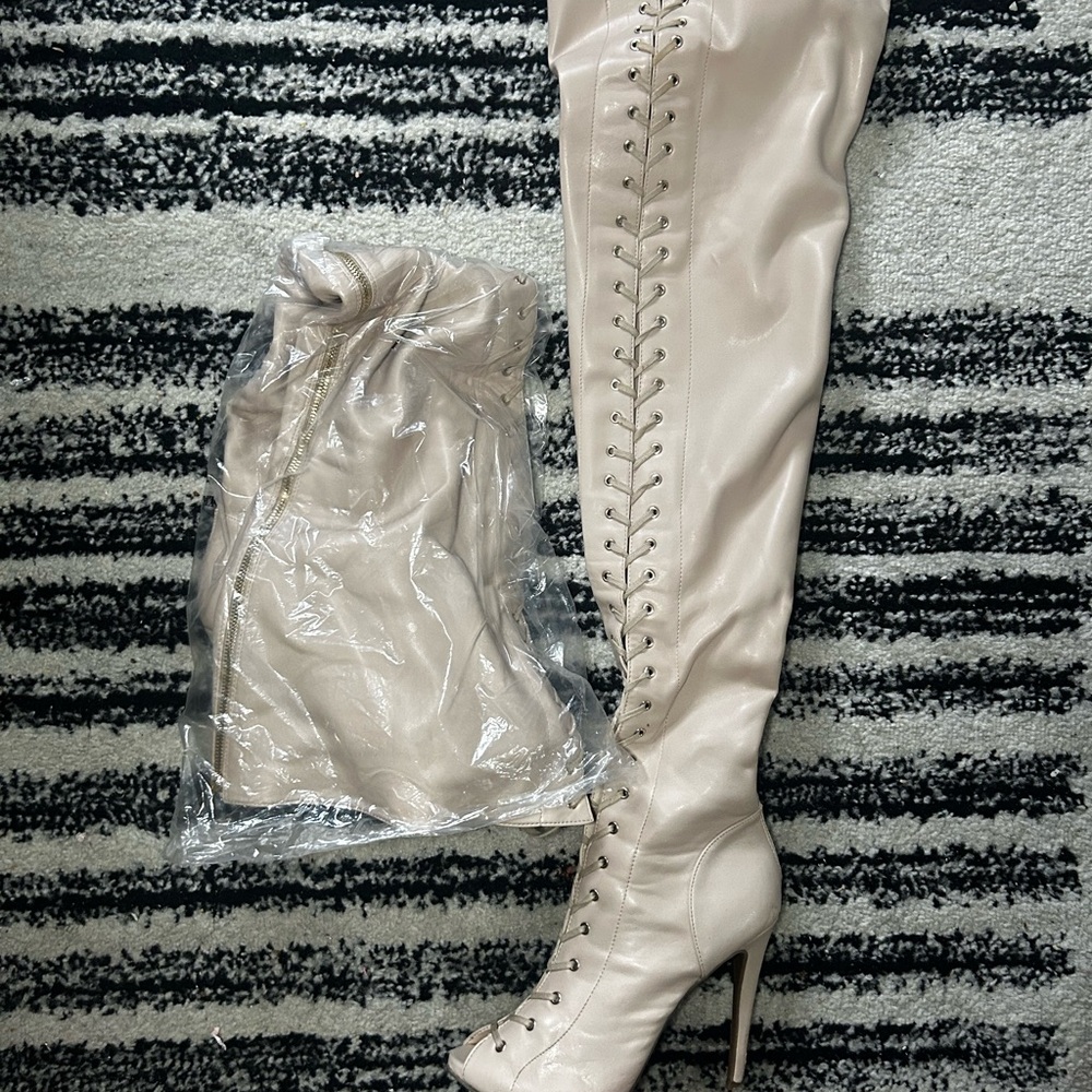 Elegant Beige Lace-Up Thigh-High Boots